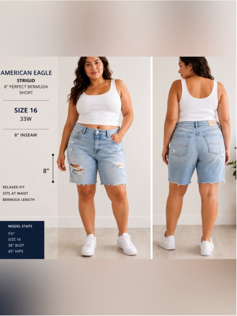 American Eagle Strigid Perfect Bermuda Distressed Denim Shorts Size 16 8”